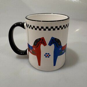 Berggren Trayner Red Blue Horses Ceramic Mug 10 oz Vintage Bergquist Swedish